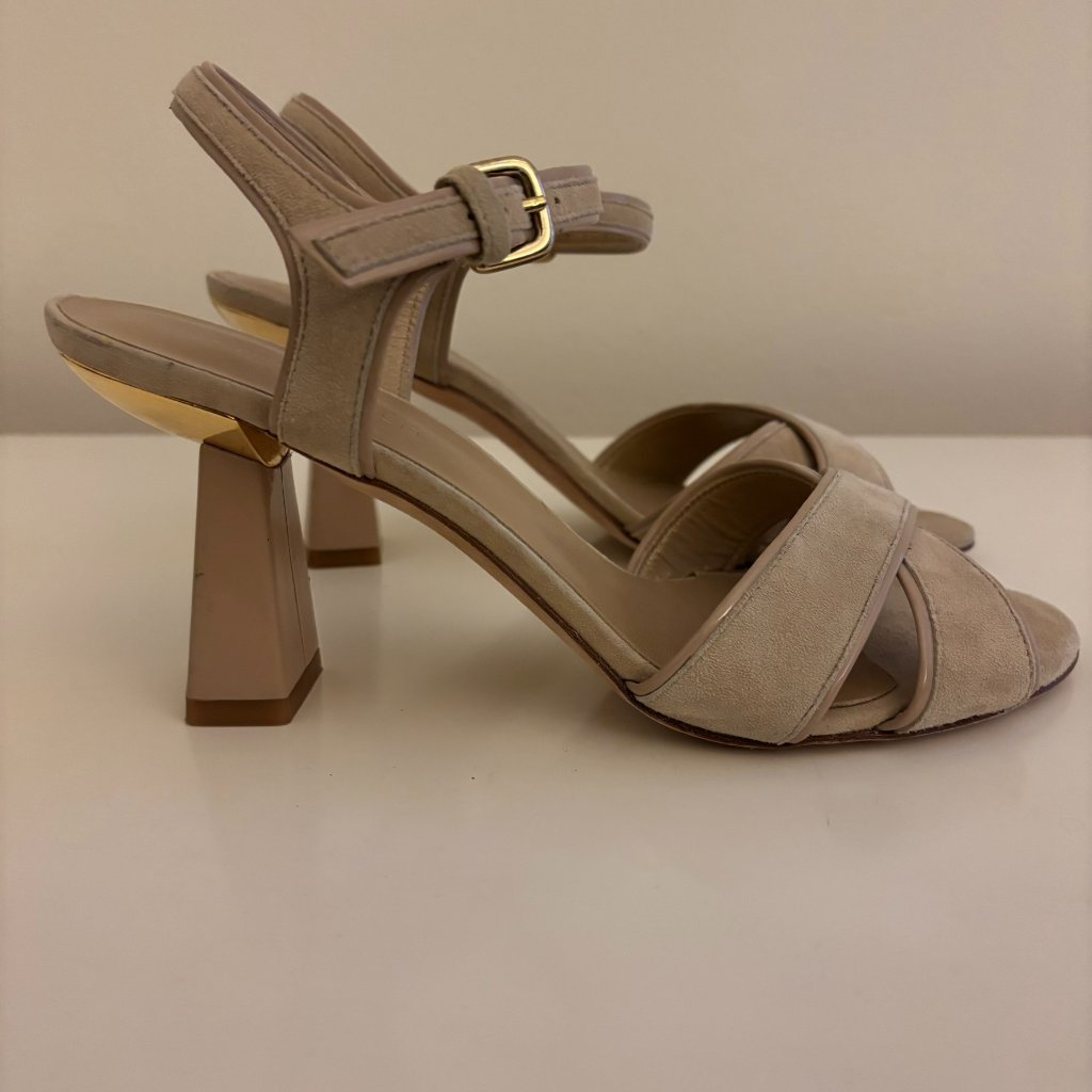 Stuart Weitzman Suede Cross Front Sandals With Sculpted Gold Trim Heel